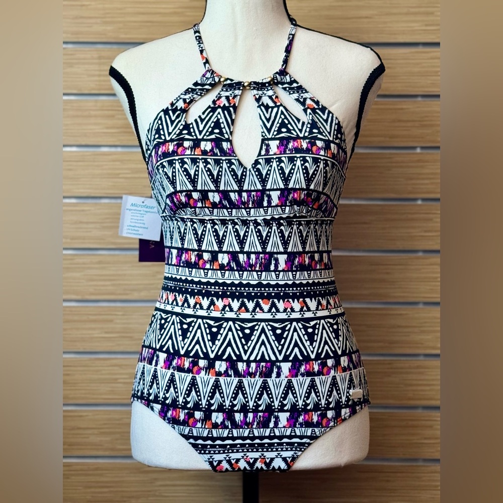 LASCANA Cutout Halterneck One-Piece Swimsuit in Black Multicolor Geometric Print